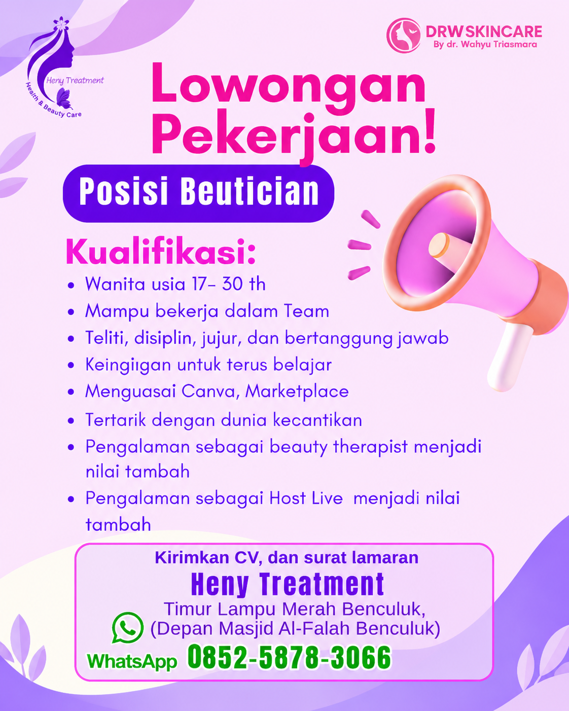 Poster lowongan Beautician di Heny Treatment