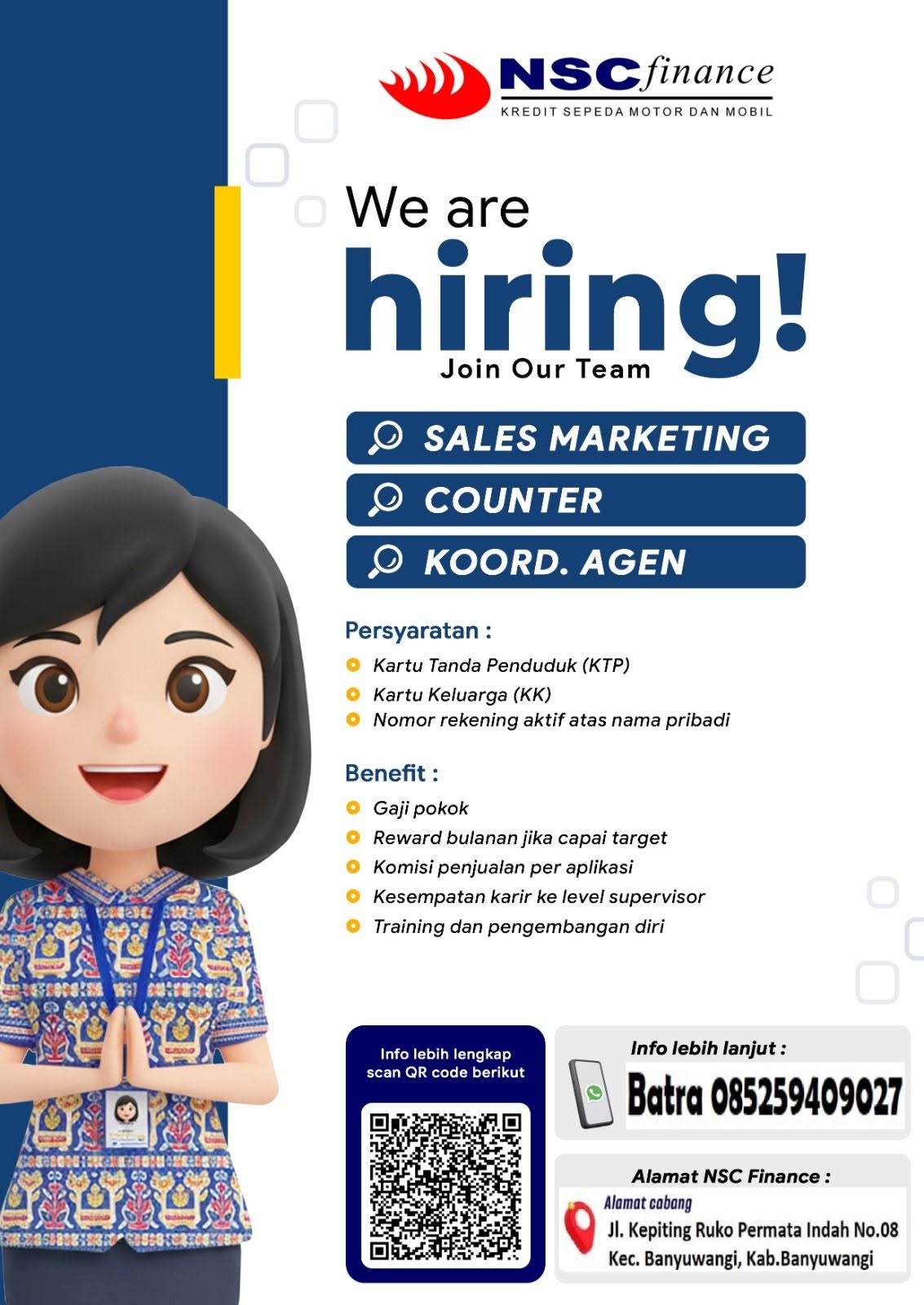 Poster lowongan Sales Marketing, Counter, Koord. Agen - NSC Finance di NSC Finance