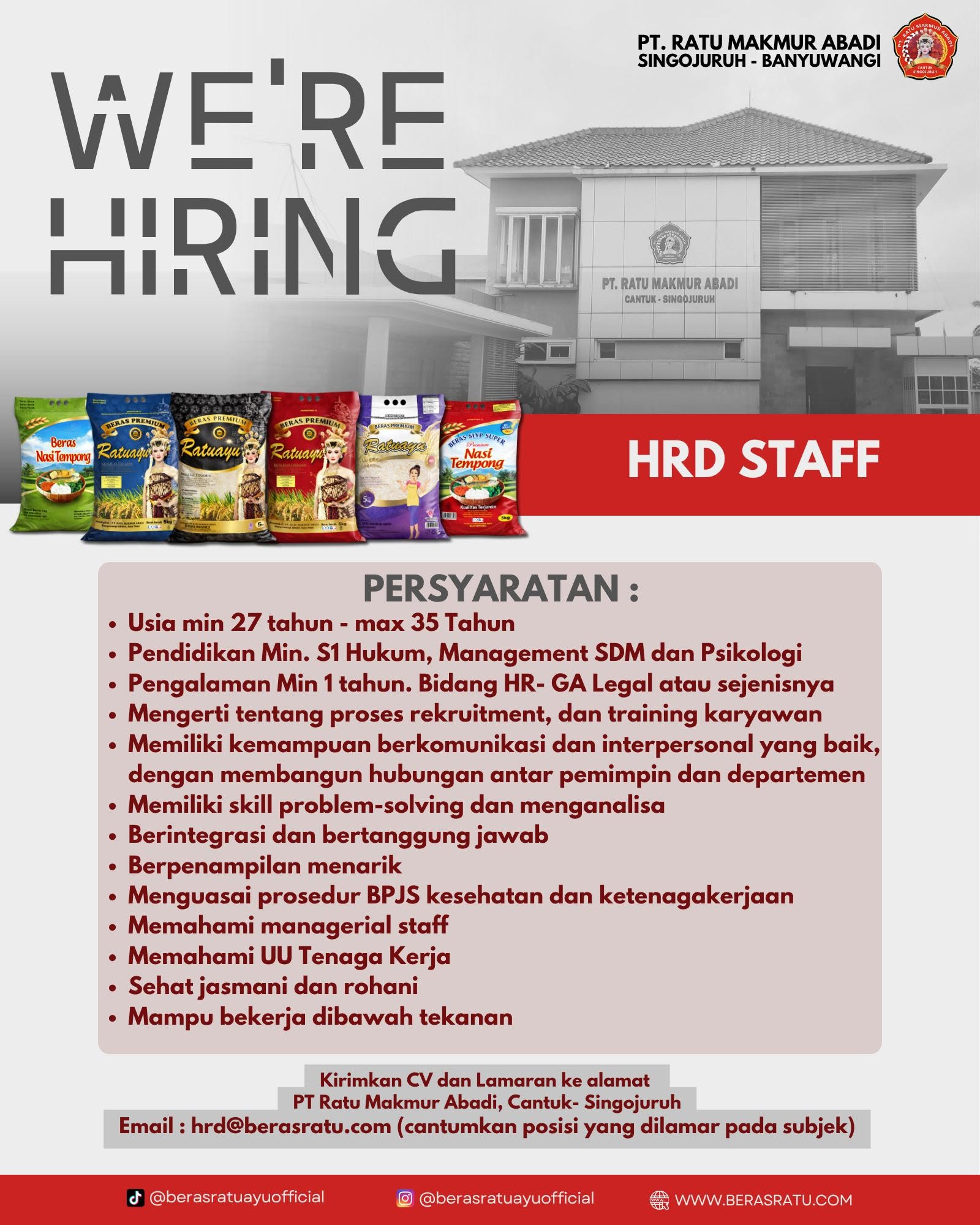 Poster lowongan HRD Staff di PT Ratu Makmur Abadi