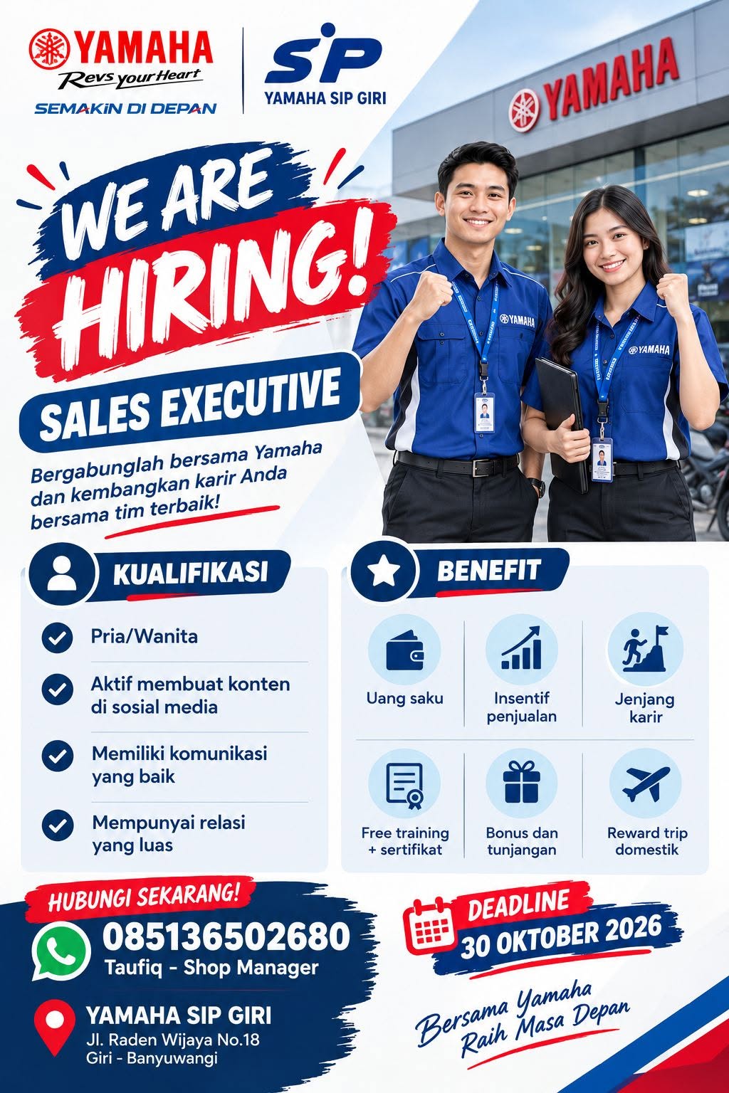 Poster lowongan Sales Executive di Yamaha SIP Giri