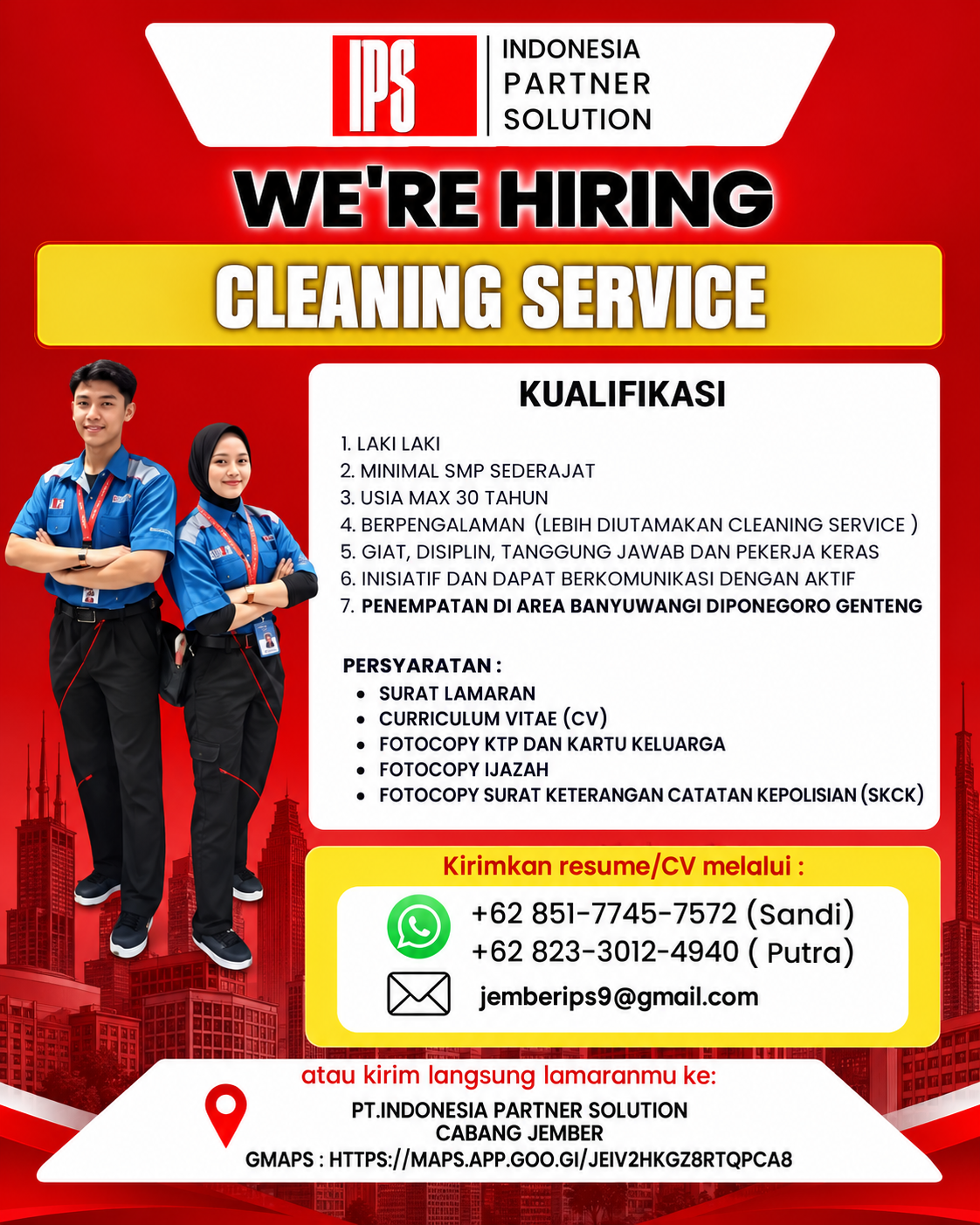 Poster lowongan Cleaning Service di PT. Indonesia Partner Solution