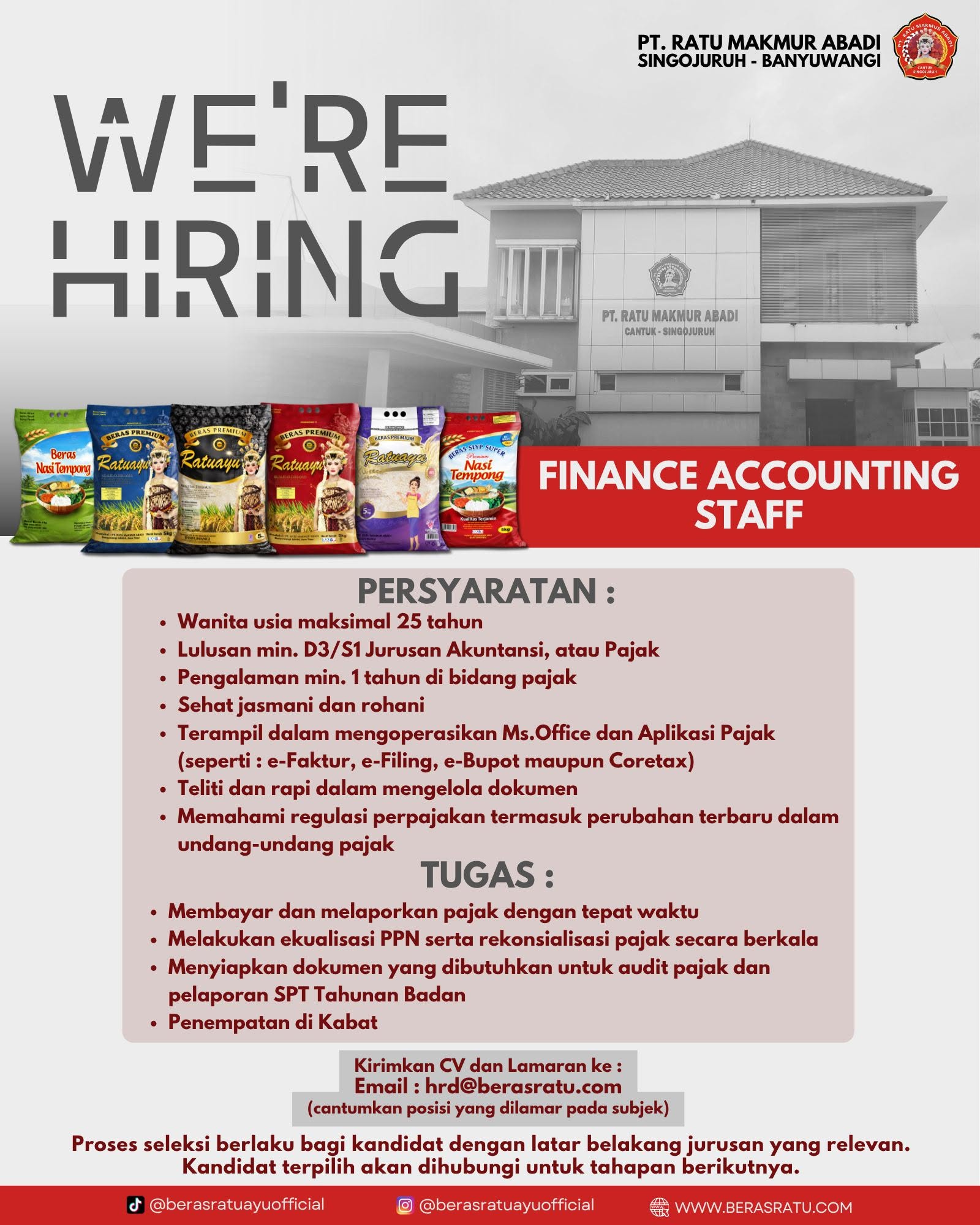 Poster lowongan Finance Accounting Staff di PT. Ratu Makmur Abadi