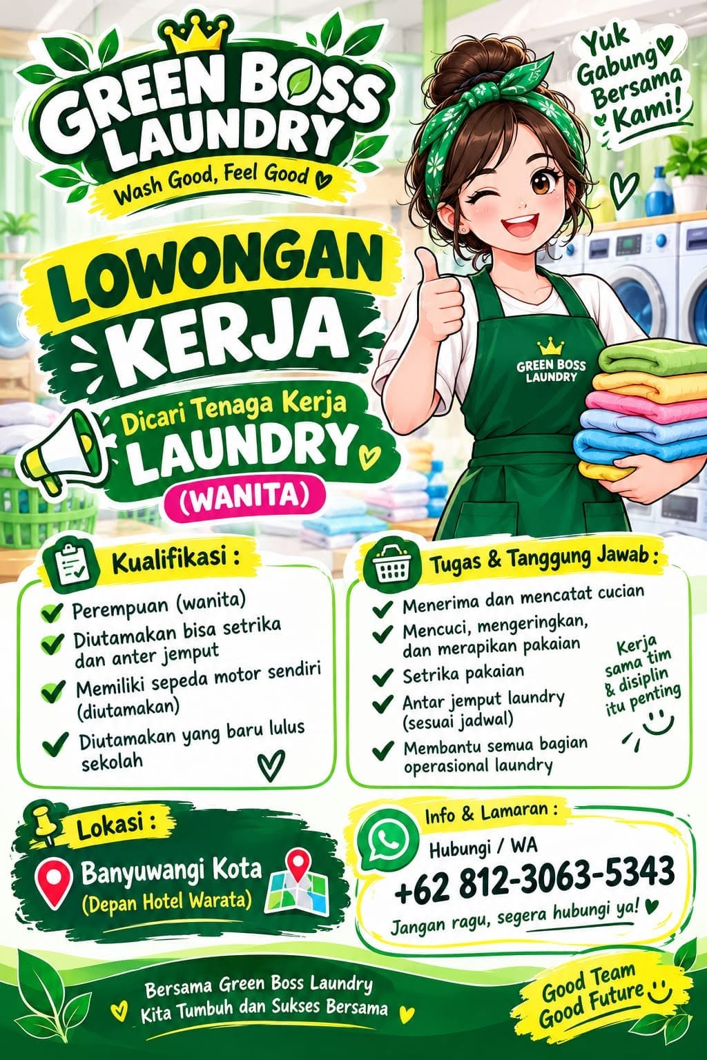 Poster lowongan Tenaga Kerja Laundry (Wanita) di Green Boss Laundry