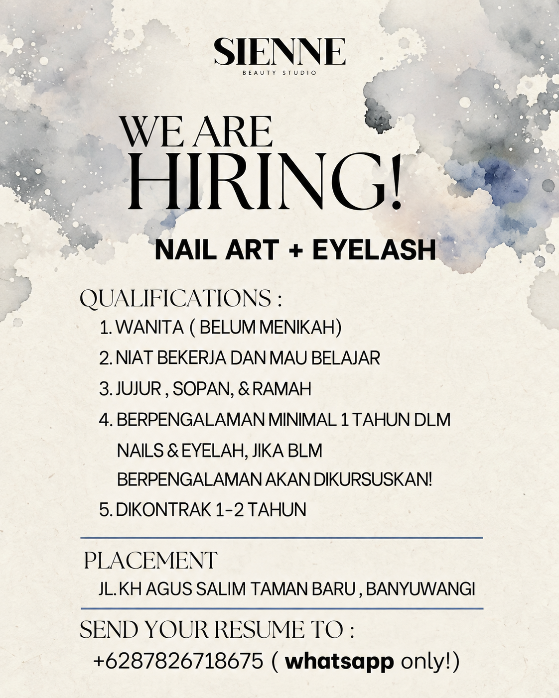 Poster lowongan Nail Art + Eyelash di Sienne Beauty Studio