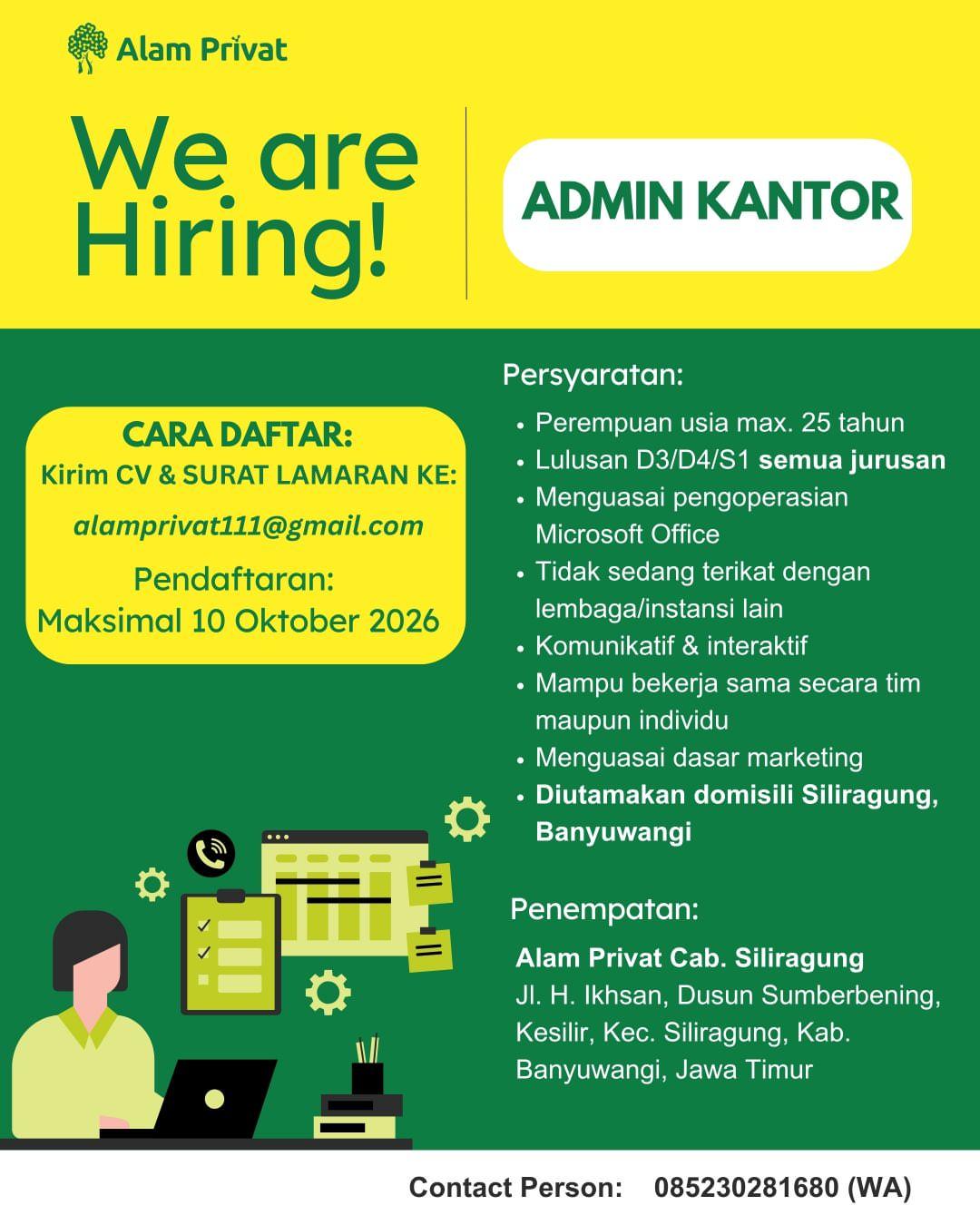 Poster lowongan Admin Kantor di Alam Privat